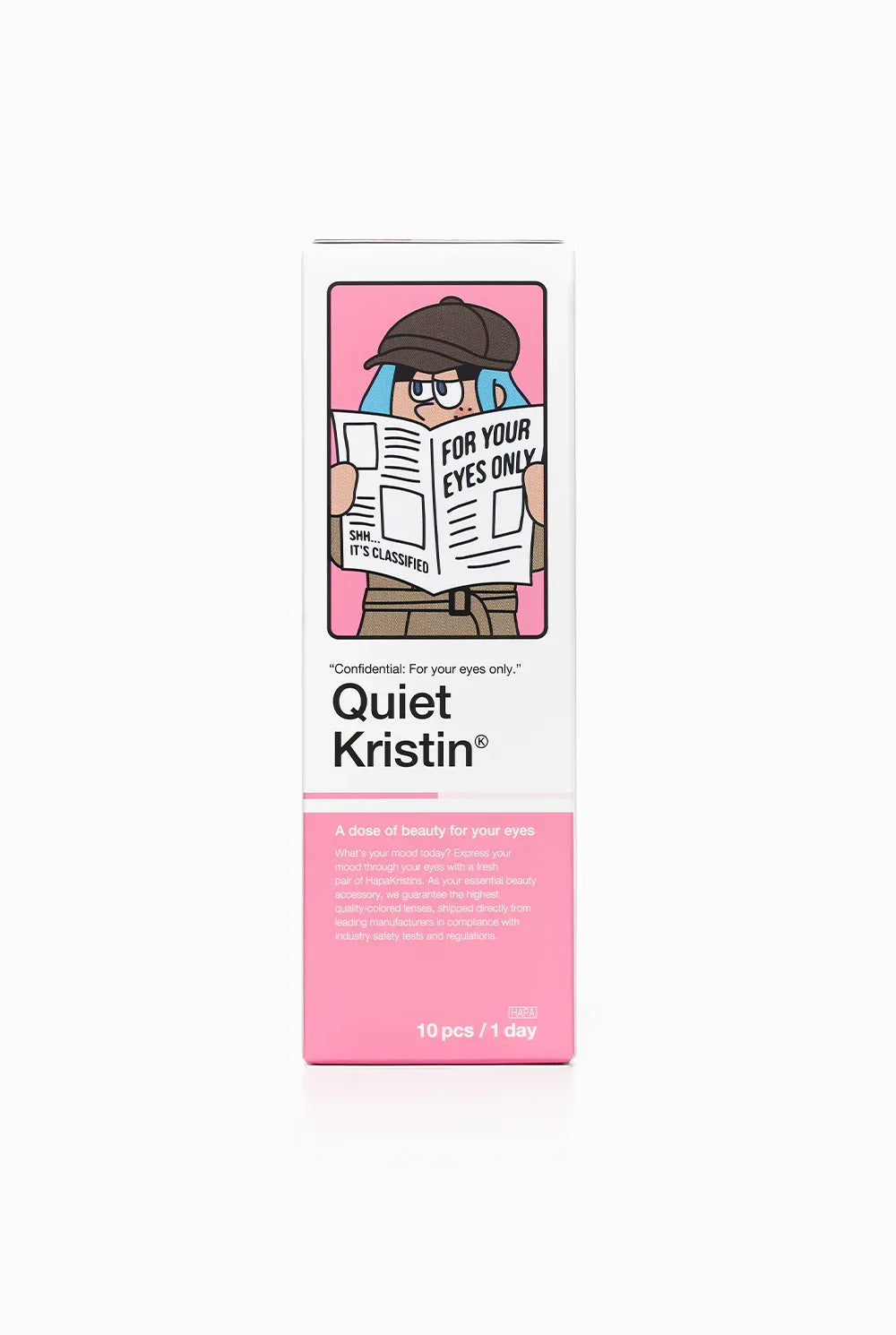 Hapa Kristin Quiet Kristin colored contact lens box with cartoon character and pink background.